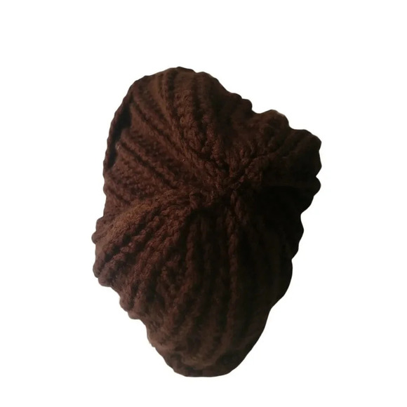 Handmade Ribbed  Acrylic Tuque Brown Beanie Very Warm Knitted - Picture 3 of 4